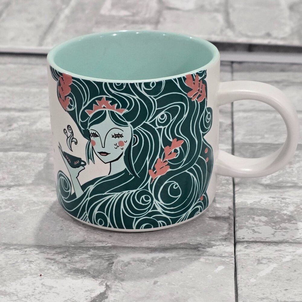 Starbucks Aqua Green Siren Wave Tail Anniversary Ceramic Coffee Mug Cup 12‎ oz